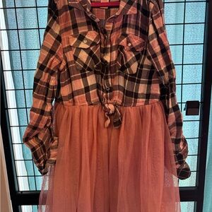 Justice Girls Size 10 Pink Plaid Button Front Tie Tutu Dress Glitter Tulle Skirt